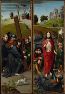 Christ Carrying the Cross, with the Crucifixion; The Resurrection, with the Pilgrims..., ca. 1510. Creator: Gerard David.