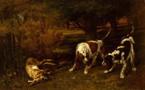 Hunting Dogs with Dead Hare, 1857. Creator: Gustave Courbet.
