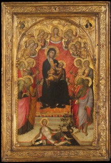 Madonna and Child Enthroned with Saint John the Evangelist, Saint Peter, Saint Agnes..., c1385-90. Creator: Paolo di Giovanni Fei.