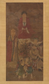 Shakyamuni with luohan, heavenly king, and boys, early 17th century. Creator: Unknown.