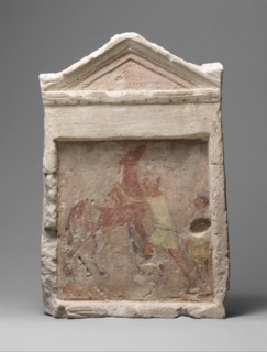 Painted limestone funerary slab with a man controlling a rearing horse, 2nd half 3rd century B.C. Creator: Unknown.