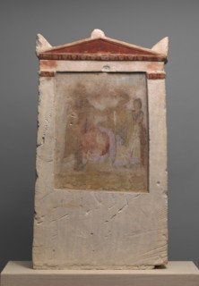 Painted limestone funerary stele with a woman in childbirth, late 4th-early 3rd century B.C. Creator: Unknown.
