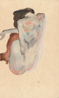 Crouching Nude in Shoes and Black Stockings, Back View, 1912. Creator: Egon Schiele.