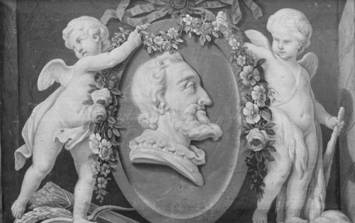 Bust of Henri IV in oval medallion with blue ground supported by two cupids, 18th century. Creator: French Painter , 18th century .