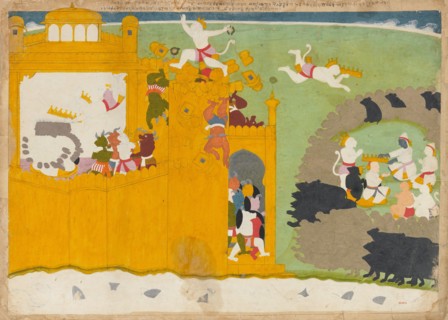 The Monkey Leader Angada Steals Ravana's Crown from His Fortress..., ca. 1725. Creator: Manaku.