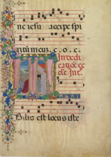 Manuscript Leaf with the Dedication of a Church in an Initial T, from a Gradual, 2nd half 15th cent. Creator: Mariano del Buono.