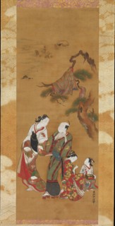 Yukihira and Two Brinemaidens at Suma, 18th century. Creator: Okumura Masanobu.