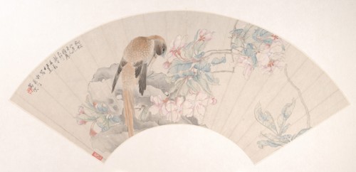 Bird on a Rock by a Flowering Branch, dated 1879. Creator: Ren Xun.