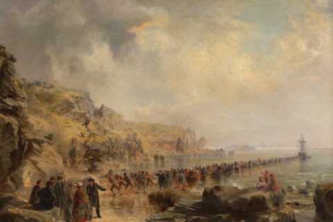 Landing the Shore End of the Atlantic Cable, 1866. Creator: Robert Charles Dudley.