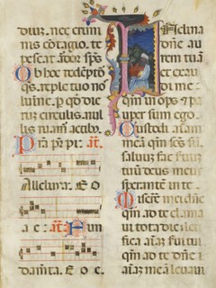 Manuscript Leaf with King David in an Initial I, from a Psalter, early 15th century. Creator: Unknown.