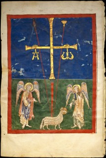 Leaf from a Beatus Manuscript: the Lamb at the Foot of the Cross, Flanked by Two Angels..., c1180. Creator: Unknown.