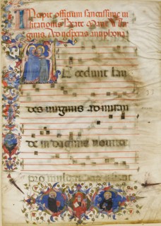 Manuscript Leaf with the Visitation in an Initial A and Cardinal Adam Easton..., ca. 1400. Creator: Unknown.