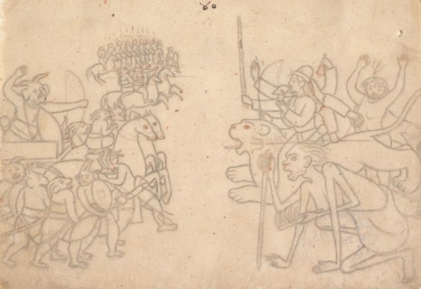 Durga and Kali Approach the Gathered Armies of Chanda and Munda... the Devi Mahatmya , c.1780. Creator: Unknown.