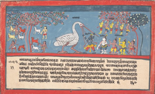Krishna Slays Bakasura, the Crane Demon..., from a Dispersed Bhagavata Purana..., 1800-1825. Creator: Unknown.