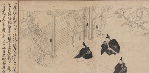 Courtiers visit Sugawara no Michizane?s mortuary temple..., ca. 1300. Creator: Unknown.