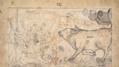 Durga Confronts the Buffalo Demon Mahisha: Scene from the Devi Mahatmya, ca. 1780. Creator: Unknown.