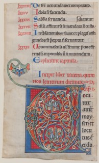 Manuscript Illumination with Initial V, from a Bible, ca. 1175-95. Creator: Unknown.