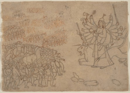 Durga Confronts the Army of the Demon Chikshura: Scene from the Devi Mahatmya , ca. 1780. Creator: Unknown.