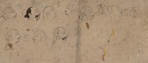 Sketch Page of Facial Studies, likely Maharao Kishor Singh, ca. 1830. Creator: Unknown.
