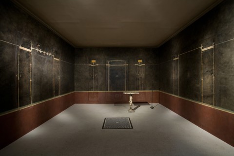 Wall painting on black ground: pair of supports, from the imperial villa..., 1st century B.C.. Creator: Unknown.