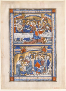 Manuscript Leaf with the Last Supper and the Washing of the Apostles? Feet Leaf..., ca. 1250-70. Creator: Unknown.