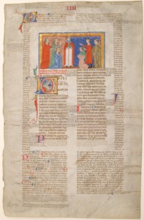 Manuscript Leaf with Marriage Scene, from Decretals of Gregory IX, ca. 1300. Creator: Unknown.