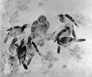 Mynah Birds Attacking an Owl, probably 19th century. Creator: After Sesson Sh?kei (ca. 1504-ca. 1589).