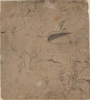 Page from a Sketchbook Showing Rulers on Horseback, Boars, and a Palace Scene, late 18th century. Creators: Pandit Seu, Manaku.