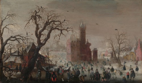 A Winter Landscape with Ice Skaters and an Imaginary Castle, ca. 1615-20. Creator: Christoffel van den Berghe.