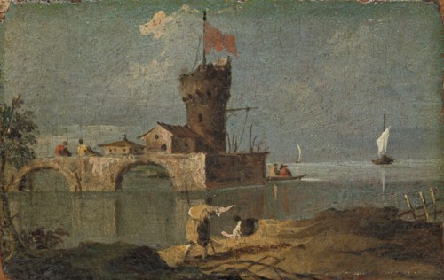 Capriccio with a Circular Tower, Two Houses, and a Bridge, 18th century. Creator: Unknown.