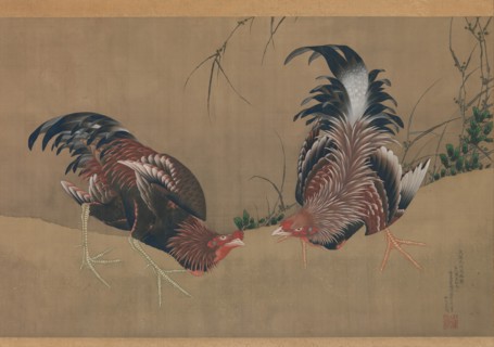 Gamecocks, dated 1838. Creator: Hokusai.