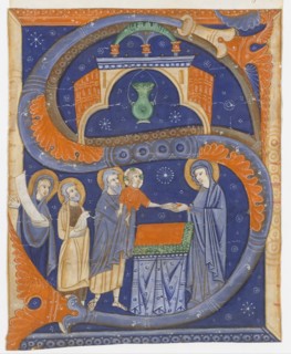 Manuscript Illumination with the Presentation of Christ in the Temple in an Initial S..., ca. 1278. Creator: Master of Bagnacavallo.