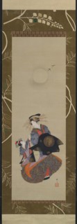 Beauty of the Yoshiwara with Apprentice in Moonlight, 19th century. Creator: Hokuba.