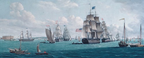 The U. S. Ship Franklin, with a View of the Bay of New York, 1820s or 1830s. Creator: Thomas Thompson.