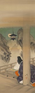 Murasaki Shikibu at Ishiyamadera Temple, based on the print..., ca. 1892. Creator: Tsukioka Yoshitoshi.
