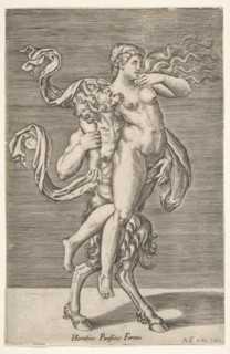 Satyr carrying a nymph, whose right arm is wrapped around the satyr's neck, with a ..., ca. 1505-62. Creator: Antonio Salamanca.