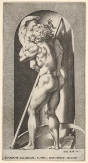 Plate 1: Saturn in a niche devouring his son, standing before a scythe, from a series of m..., 1526. Creator: Giovanni Jacopo Caraglio.