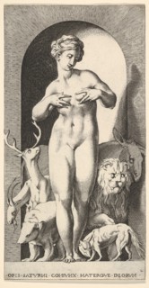 Plate 2: Ops standing in a niche with her hands at her breasts, looking to her left, with ..., 1526. Creator: Giovanni Jacopo Caraglio.