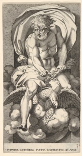 Plate 3: Jupiter emerging from a niche, riding an eagle and holding a thunderbolt in his l..., 1526. Creator: Giovanni Jacopo Caraglio.