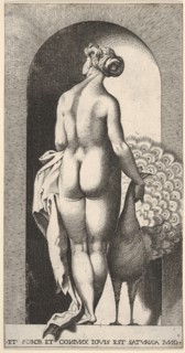 Plate 4: Juno standing in a niche, viewed from behind, stroking a peacock to her right, fr..., 1526. Creator: Giovanni Jacopo Caraglio.