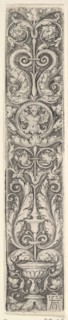 Vertical Panel with a Candelabrum Containing a Medallion with a Centaur and a Pair of Dolp..., 1529. Creator: Heinrich Aldegrever.