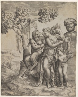 Pan seated near a female figure holding a cornucopia