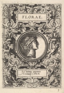 Bust of Florae surrounded by strapwork, from the series 'Deorum dearumque,' a set of image..., 1573. Creator: Unknown.