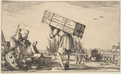 Title page: a man carrying a case on his back in center, three men looking towards him on ..., 1639. Creator: Stefano della Bella.