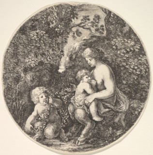 A female satyr breastfeeding an child to the right, turned towards the left, a satyr child..., 1639. Creator: Stefano della Bella.