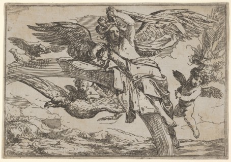 Air, represented by Iris reclining on her rainbow, accompanied by a winged putto bearin..., 1640-60. Creator: Giulio Carpioni.