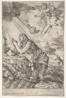 Penitent Magdalen kneeling on a rocky ground before a skull and bones, an ointment ..., ca. 1640-55. Creator: Giulio Carpioni.