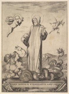 Saint Jean Gualbert trampling a monster with two human heads and a serpentine body, a flyi..., 1640. Creator: Stefano della Bella.
