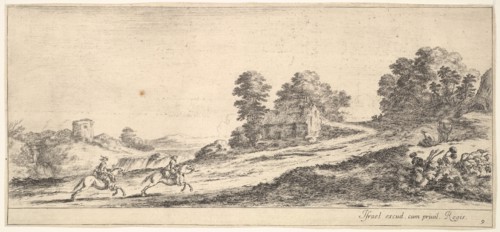 Plate 9: two horsemen at left galloping uphill towards the right, a horse and seated m..., ca. 1641. Creator: Stefano della Bella.
