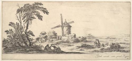 Plate 10: a family in center foreground, various figures and horses in middleground, a..., ca. 1641. Creator: Stefano della Bella.